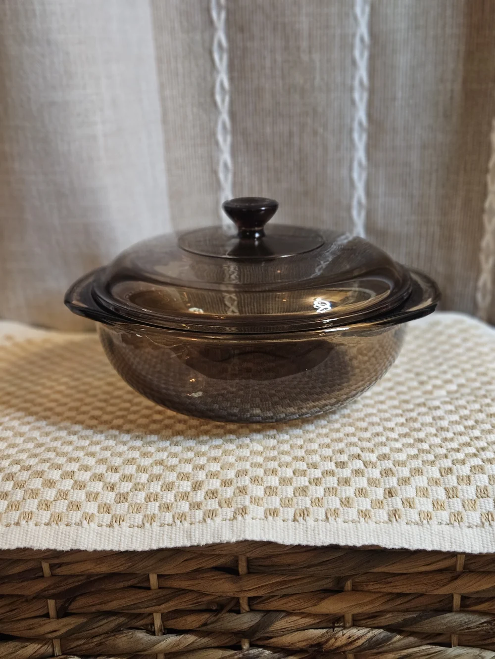 Vintage Pyrex Brown Amber Glass Casserole Dish with Lid And Wicker Basket